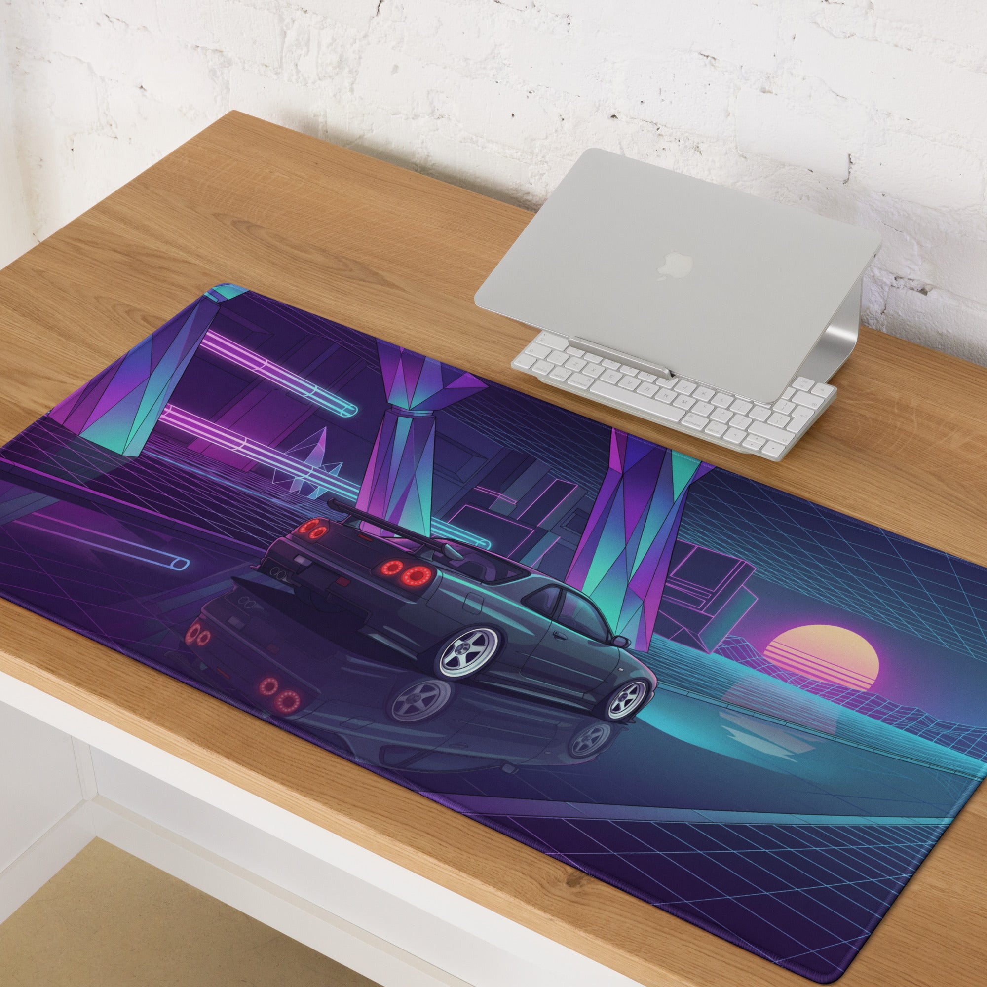 Nissan Skyline GT-R R34 Inspired Gray Purple Vaporwave Gaming Mouse Pad, Neon JDM Sports Car Desk Mat with Retro Futuristic Sunset Grid Artwork