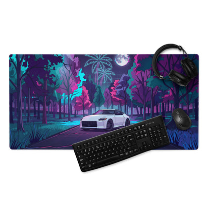 Nissan Z RZ34 Inspired White Purple Vaporwave Gaming Mouse Pad, Neon JDM Sports Car Desk Mat with Retro Futuristic Moonlit Forest Artwork