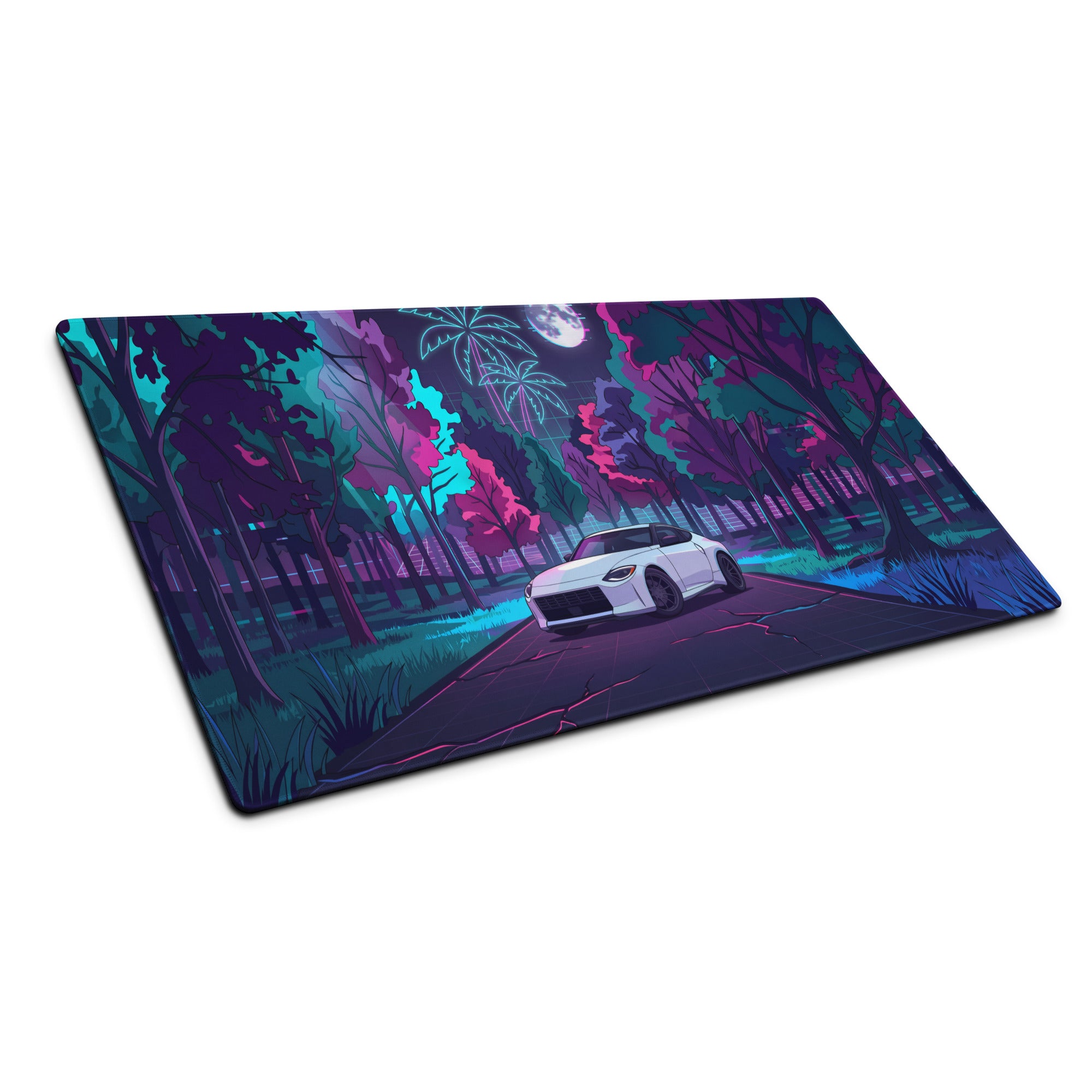 Nissan Z RZ34 Inspired White Purple Vaporwave Gaming Mouse Pad, Neon JDM Sports Car Desk Mat with Retro Futuristic Moonlit Forest Artwork