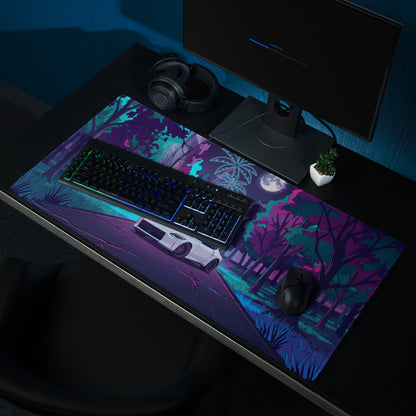 Nissan Z RZ34 Inspired White Purple Vaporwave Gaming Mouse Pad, Neon JDM Sports Car Desk Mat with Retro Futuristic Moonlit Forest Artwork