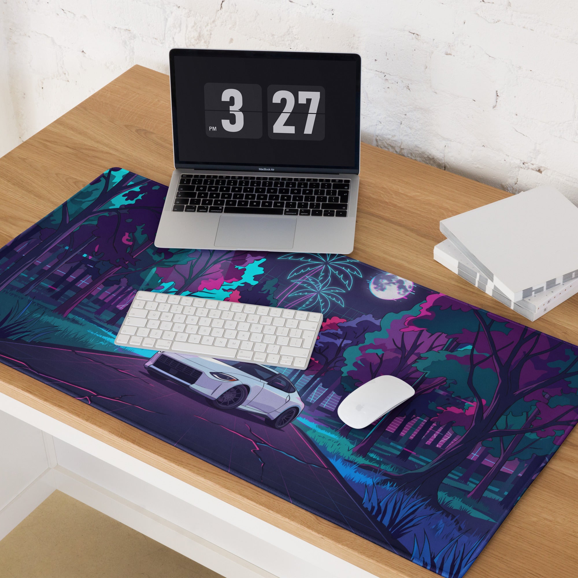 Nissan Z RZ34 Inspired White Purple Vaporwave Gaming Mouse Pad, Neon JDM Sports Car Desk Mat with Retro Futuristic Moonlit Forest Artwork