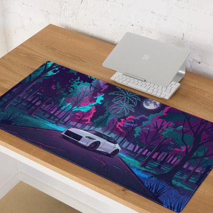 Nissan Z RZ34 Inspired White Purple Vaporwave Gaming Mouse Pad, Neon JDM Sports Car Desk Mat with Retro Futuristic Moonlit Forest Artwork