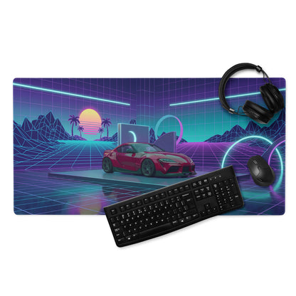 Toyota GR Supra A90 Inspired Red Purple Vaporwave Gaming Mouse Pad, Neon JDM Sports Car Desk Mat with Retro Futuristic Grid Sunset Artwork