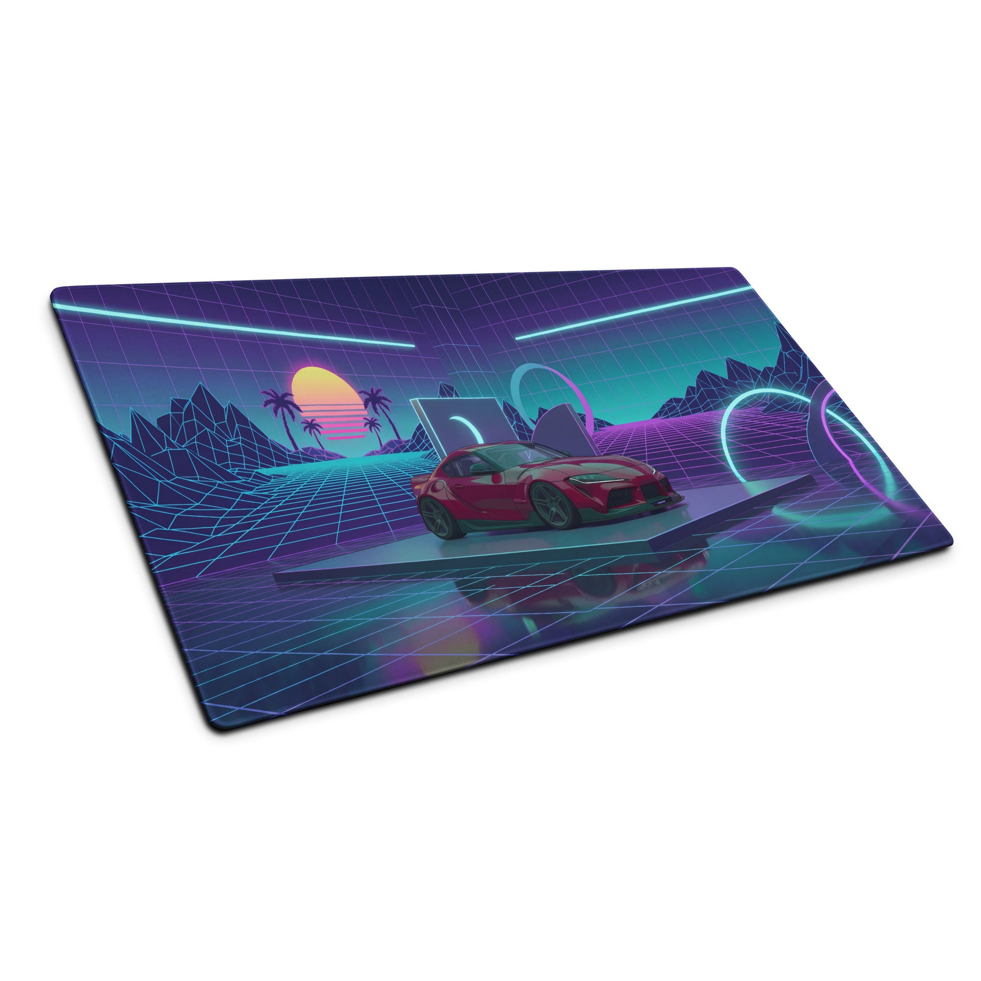 Toyota GR Supra A90 Inspired Red Purple Vaporwave Gaming Mouse Pad, Neon JDM Sports Car Desk Mat with Retro Futuristic Grid Sunset Artwork