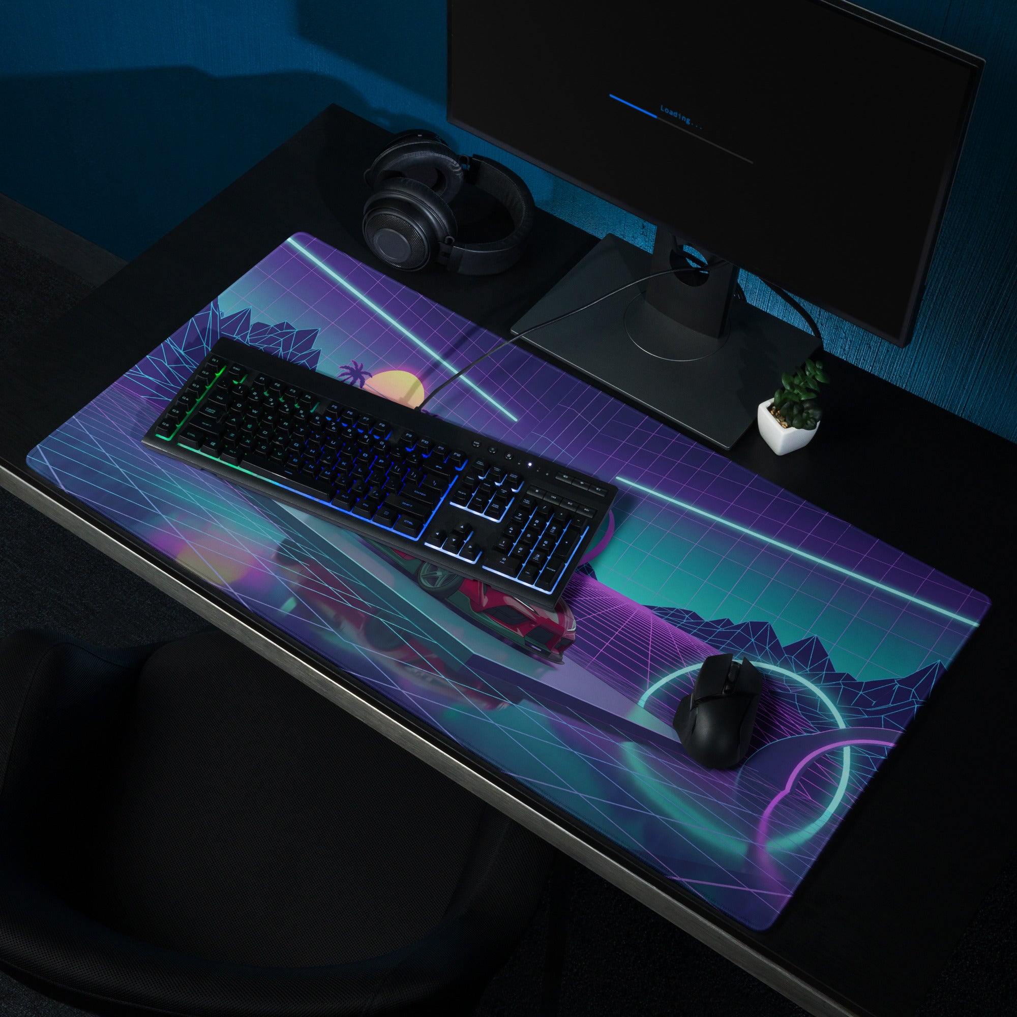 Toyota GR Supra A90 Inspired Red Purple Vaporwave Gaming Mouse Pad, Neon JDM Sports Car Desk Mat with Retro Futuristic Grid Sunset Artwork