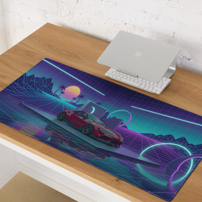 Toyota GR Supra A90 Inspired Red Purple Vaporwave Gaming Mouse Pad, Neon JDM Sports Car Desk Mat with Retro Futuristic Grid Sunset Artwork