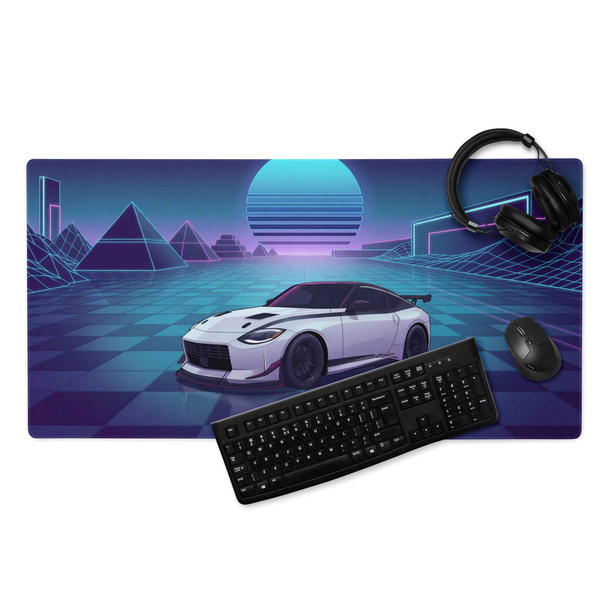 Nissan Z RZ34 Inspired White Blue Vaporwave Gaming Mouse Pad, Neon JDM Sports Car Desk Mat with Retro Futuristic Cyber Grid Artwork