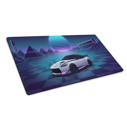 Nissan Z RZ34 Inspired White Blue Vaporwave Gaming Mouse Pad, Neon JDM Sports Car Desk Mat with Retro Futuristic Cyber Grid Artwork