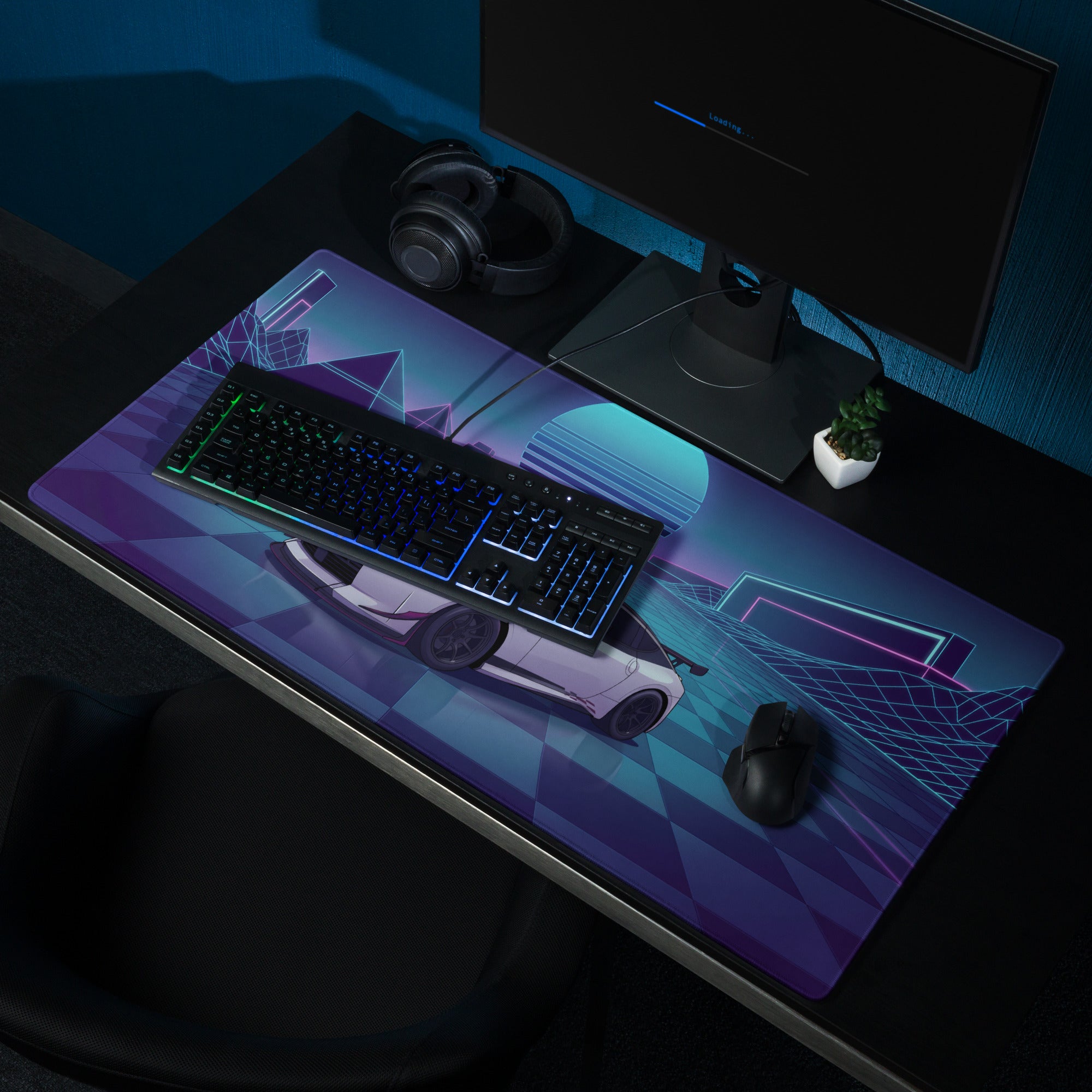 Nissan Z RZ34 Inspired White Blue Vaporwave Gaming Mouse Pad, Neon JDM Sports Car Desk Mat with Retro Futuristic Cyber Grid Artwork
