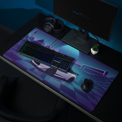 Nissan Z RZ34 Inspired White Blue Vaporwave Gaming Mouse Pad, Neon JDM Sports Car Desk Mat with Retro Futuristic Cyber Grid Artwork