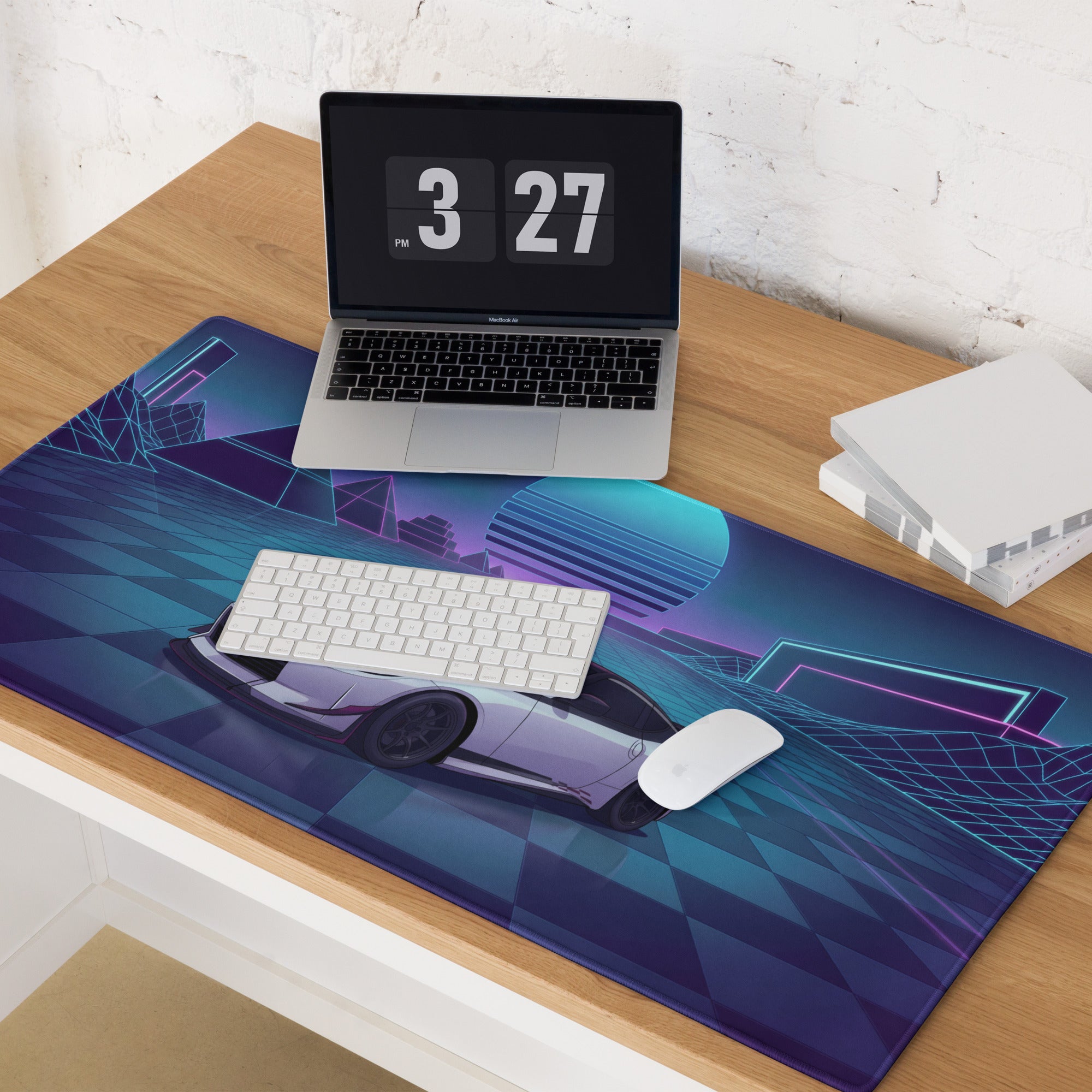 Nissan Z RZ34 Inspired White Blue Vaporwave Gaming Mouse Pad, Neon JDM Sports Car Desk Mat with Retro Futuristic Cyber Grid Artwork