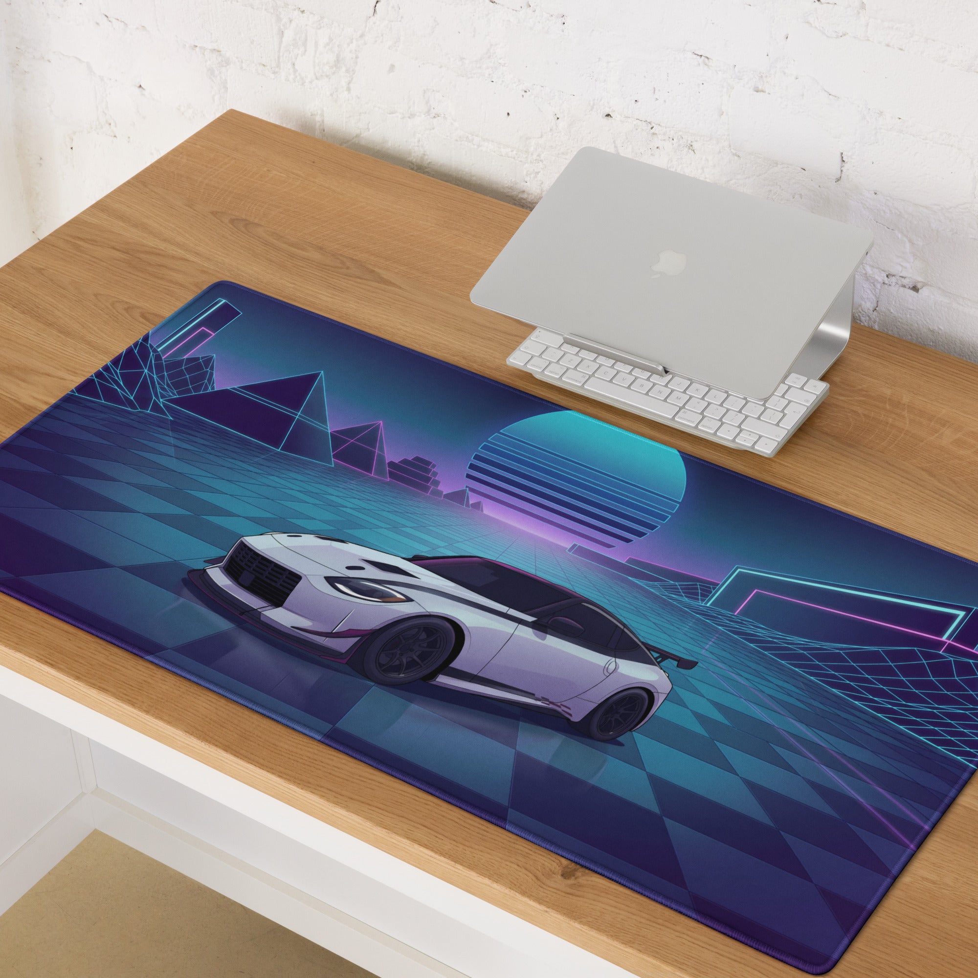 Nissan Z RZ34 Inspired White Blue Vaporwave Gaming Mouse Pad, Neon JDM Sports Car Desk Mat with Retro Futuristic Cyber Grid Artwork