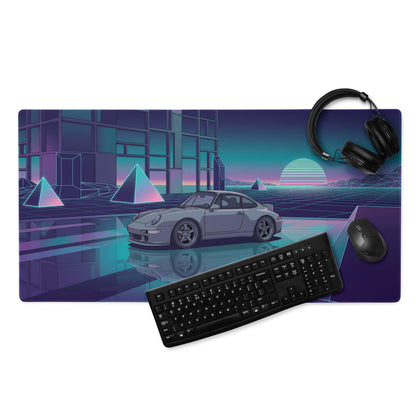 Porsche 911 Carrera 993 Inspired Silver Purple Vaporwave Gaming Mouse Pad, Neon Euro Sports Car Desk Mat with Retro Futuristic Sunset Grid Artwork