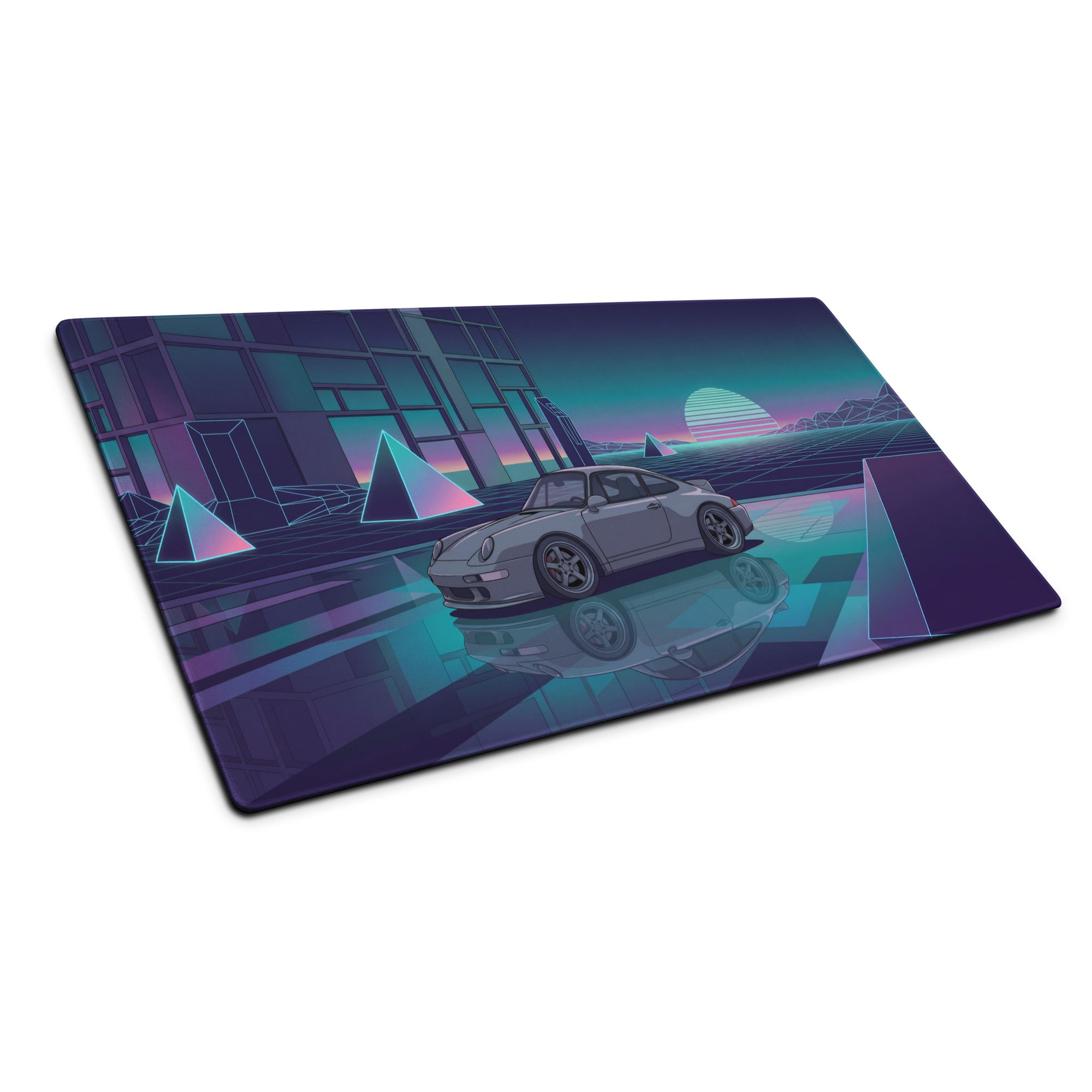Porsche 911 Carrera 993 Inspired Silver Purple Vaporwave Gaming Mouse Pad, Neon Euro Sports Car Desk Mat with Retro Futuristic Sunset Grid Artwork
