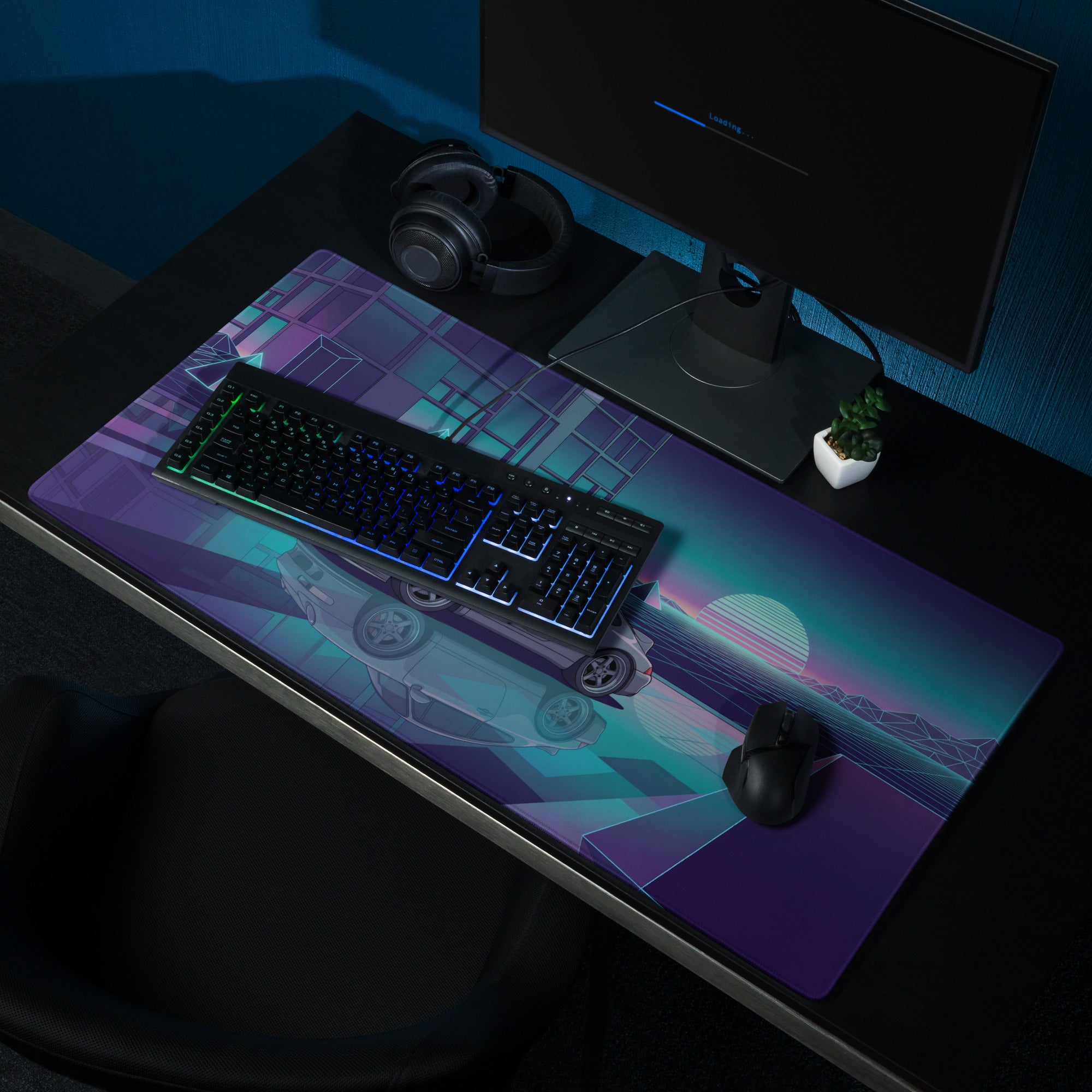 Porsche 911 Carrera 993 Inspired Silver Purple Vaporwave Gaming Mouse Pad, Neon Euro Sports Car Desk Mat with Retro Futuristic Sunset Grid Artwork