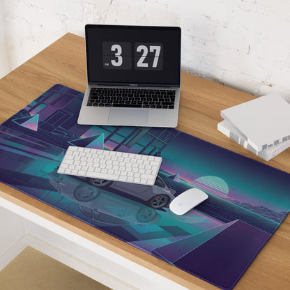 Porsche 911 Carrera 993 Inspired Silver Purple Vaporwave Gaming Mouse Pad, Neon Euro Sports Car Desk Mat with Retro Futuristic Sunset Grid Artwork