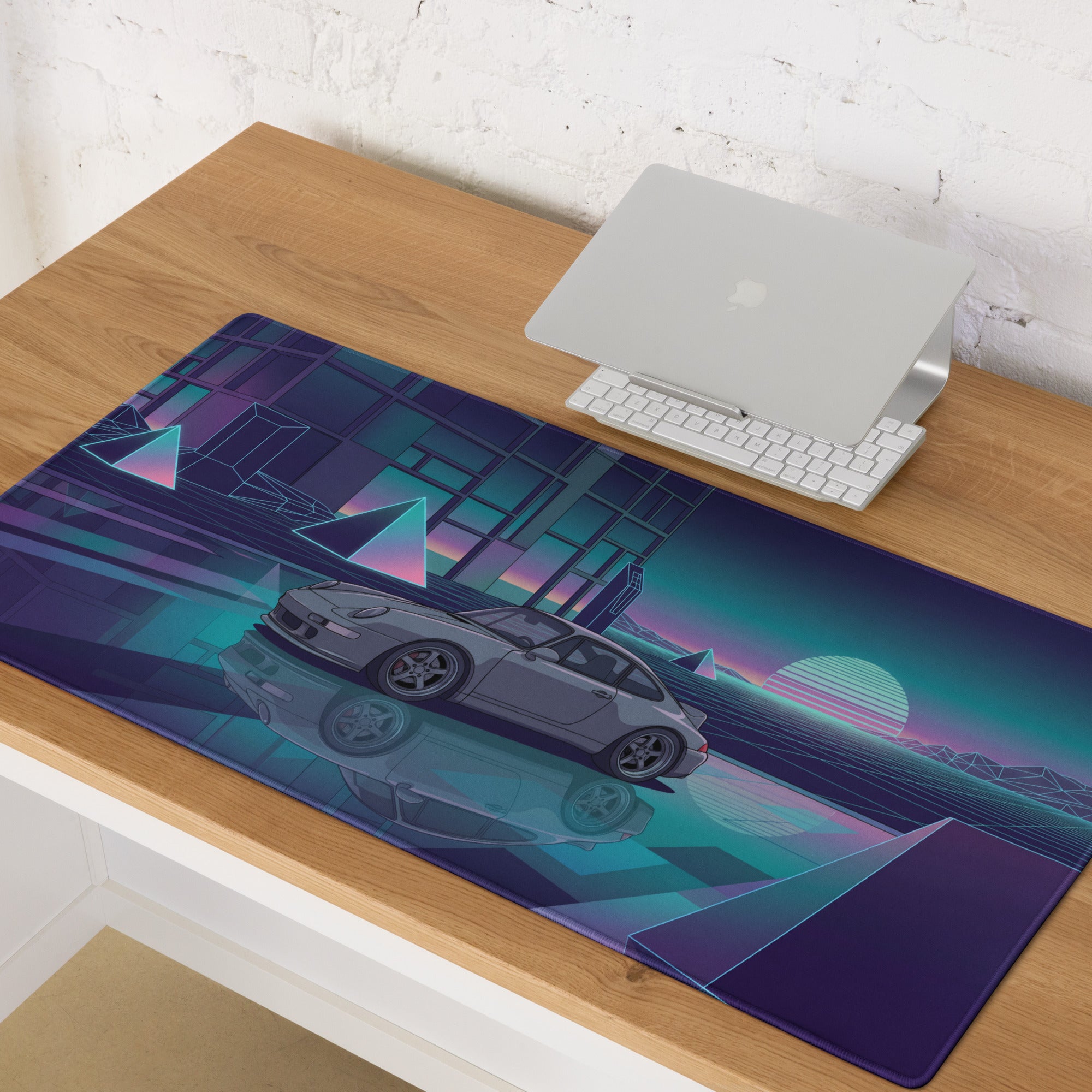 Porsche 911 Carrera 993 Inspired Silver Purple Vaporwave Gaming Mouse Pad, Neon Euro Sports Car Desk Mat with Retro Futuristic Sunset Grid Artwork