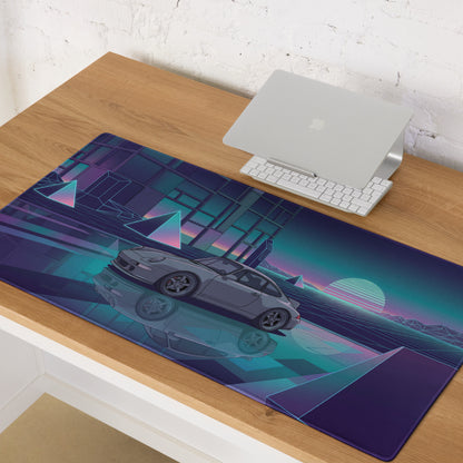 Porsche 911 Carrera 993 Inspired Silver Purple Vaporwave Gaming Mouse Pad, Neon Euro Sports Car Desk Mat with Retro Futuristic Sunset Grid Artwork