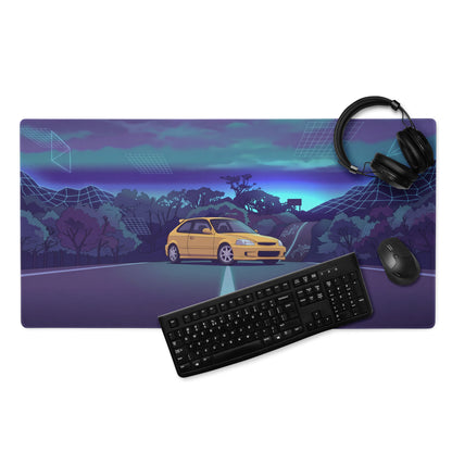 Honda Civic Type R EK9 Inspired Yellow Blue Vaporwave Gaming Mouse Pad, Neon JDM Hot Hatch Desk Mat with Retro Futuristic Mountain Road Artwork