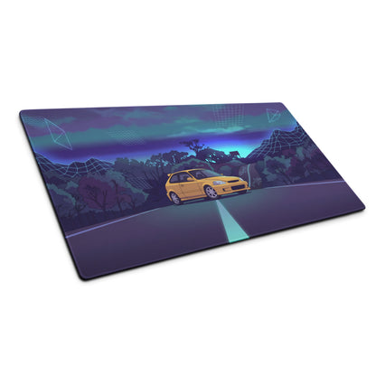Honda Civic Type R EK9 Inspired Yellow Blue Vaporwave Gaming Mouse Pad, Neon JDM Hot Hatch Desk Mat with Retro Futuristic Mountain Road Artwork