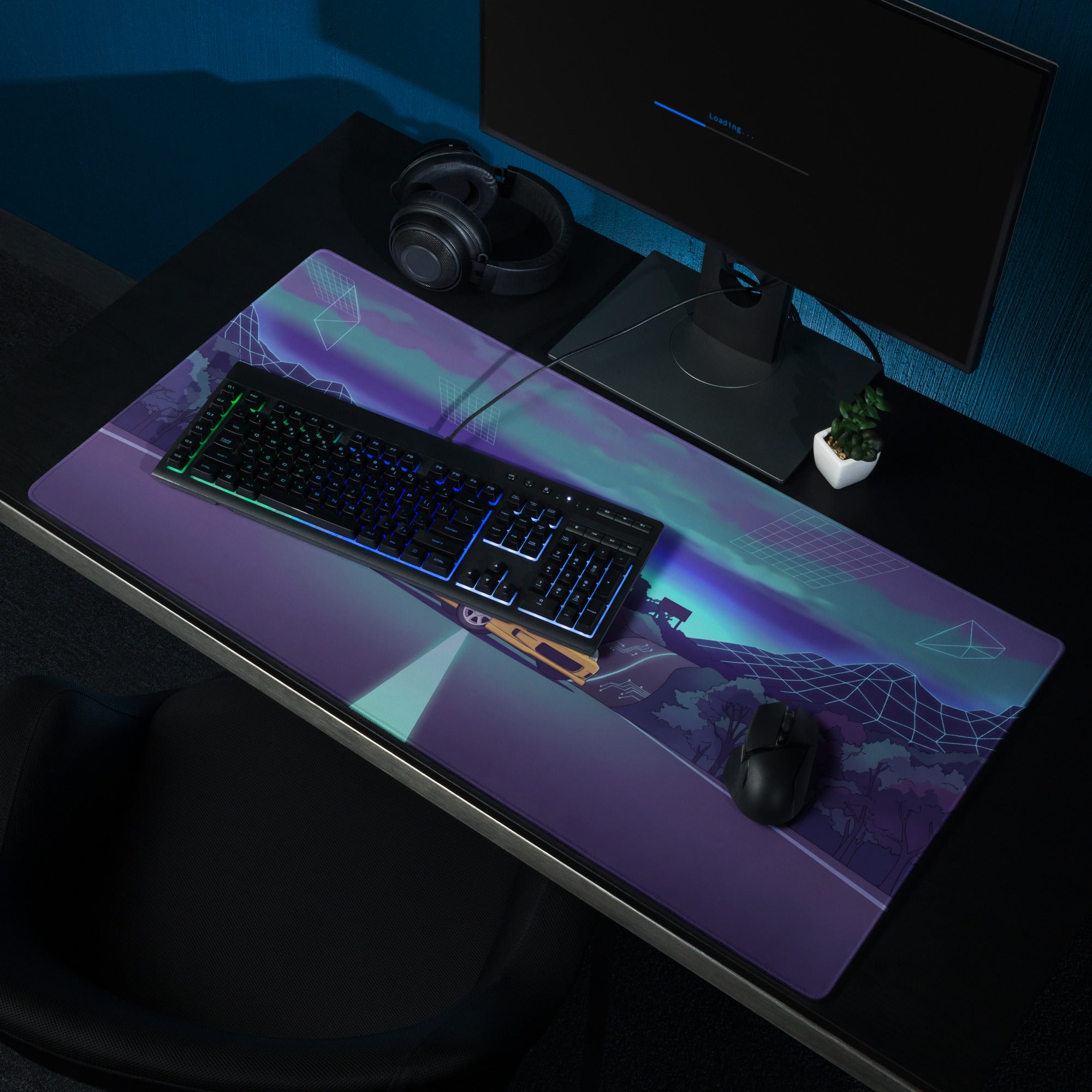 Honda Civic Type R EK9 Inspired Yellow Blue Vaporwave Gaming Mouse Pad, Neon JDM Hot Hatch Desk Mat with Retro Futuristic Mountain Road Artwork