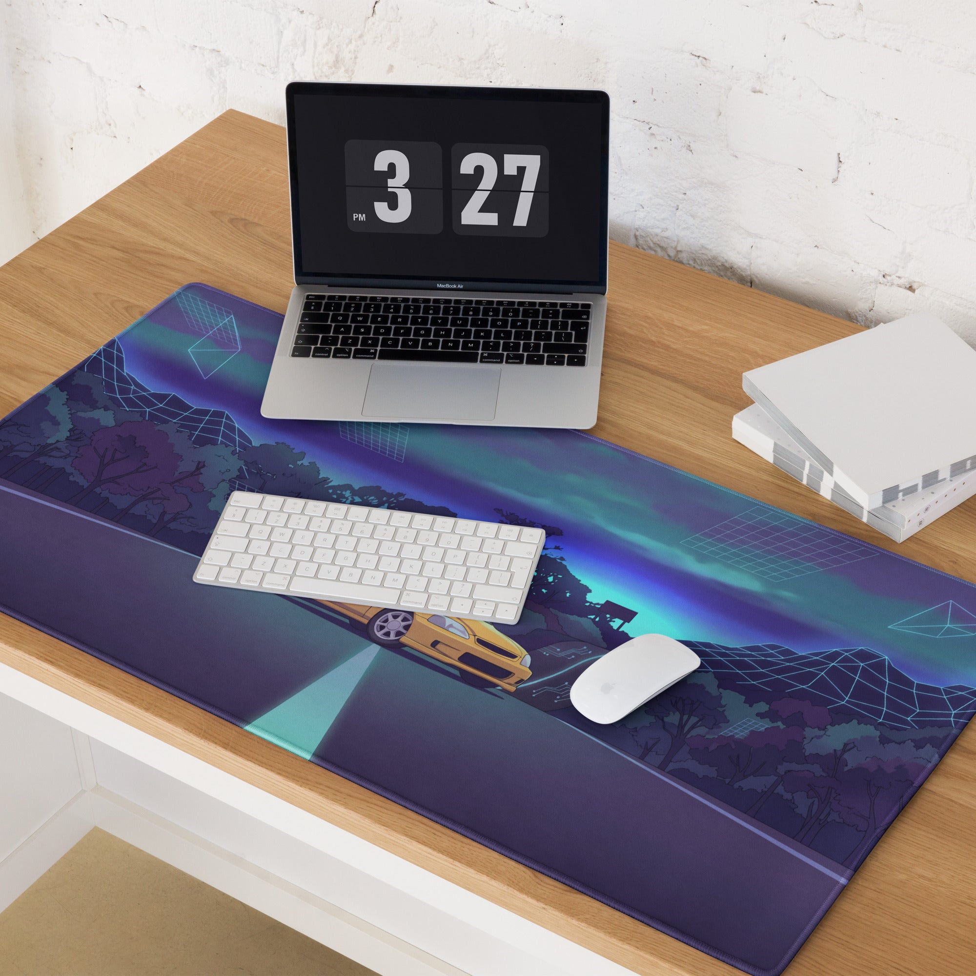 Honda Civic Type R EK9 Inspired Yellow Blue Vaporwave Gaming Mouse Pad, Neon JDM Hot Hatch Desk Mat with Retro Futuristic Mountain Road Artwork
