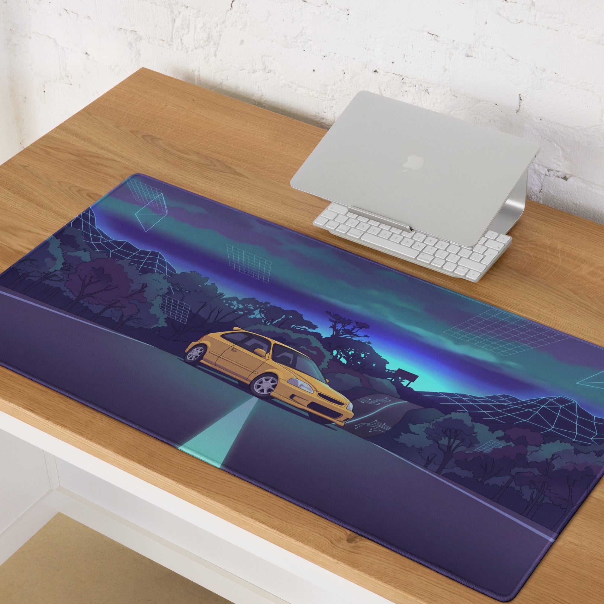 Honda Civic Type R EK9 Inspired Yellow Blue Vaporwave Gaming Mouse Pad, Neon JDM Hot Hatch Desk Mat with Retro Futuristic Mountain Road Artwork