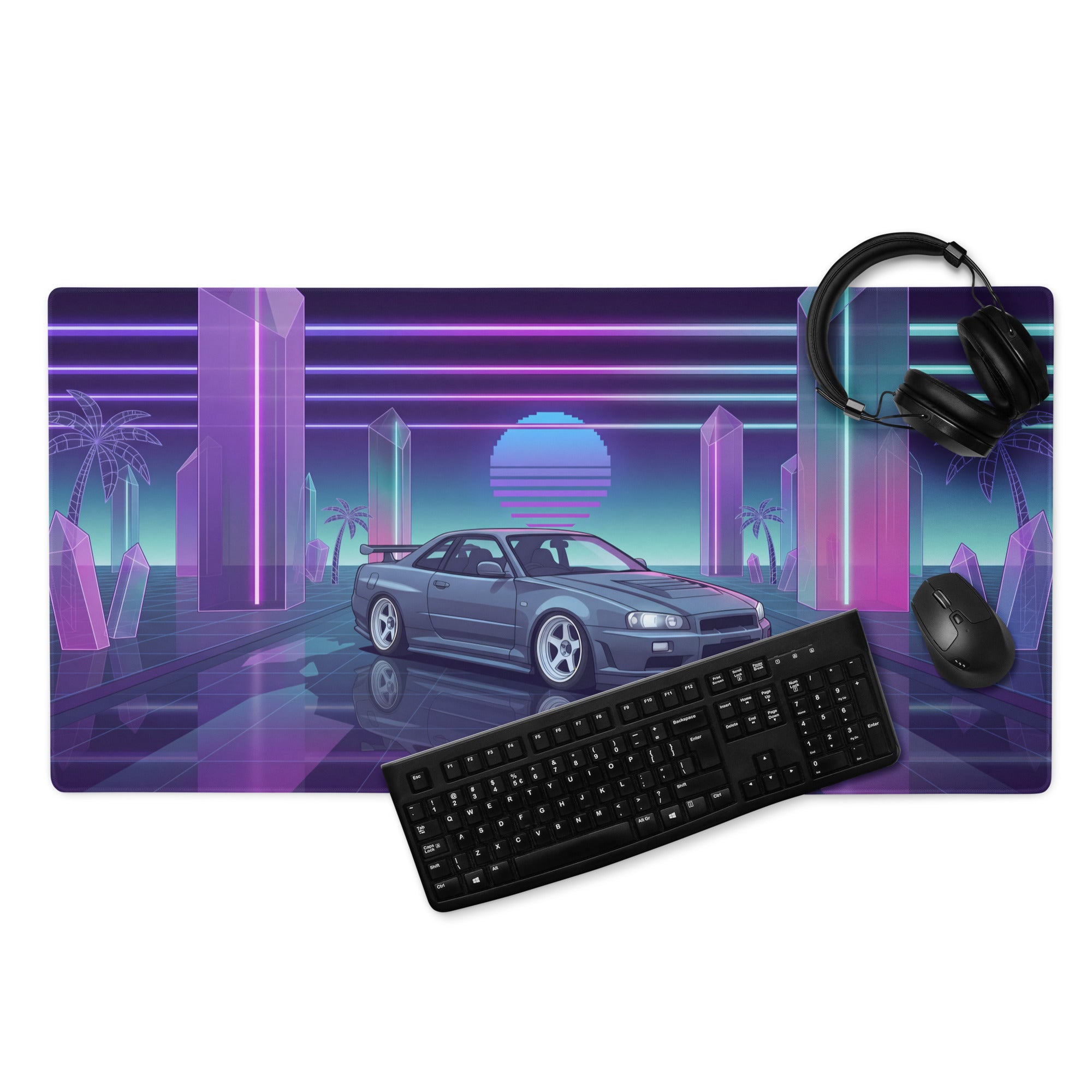 Nissan Skyline GT-R R34 Inspired Gray Purple Vaporwave Gaming Mouse Pad, Neon JDM Sports Car Desk Mat with Retro Futuristic Crystal City Artwork