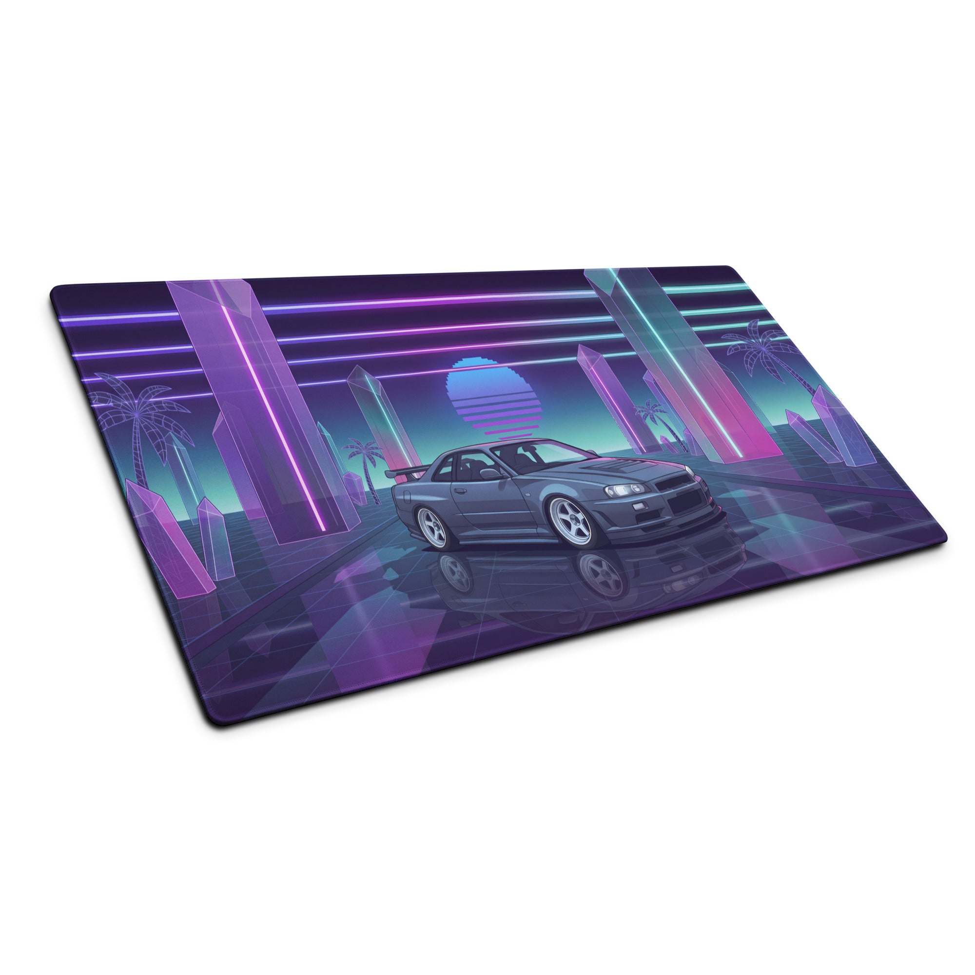 Nissan Skyline GT-R R34 Inspired Gray Purple Vaporwave Gaming Mouse Pad, Neon JDM Sports Car Desk Mat with Retro Futuristic Crystal City Artwork