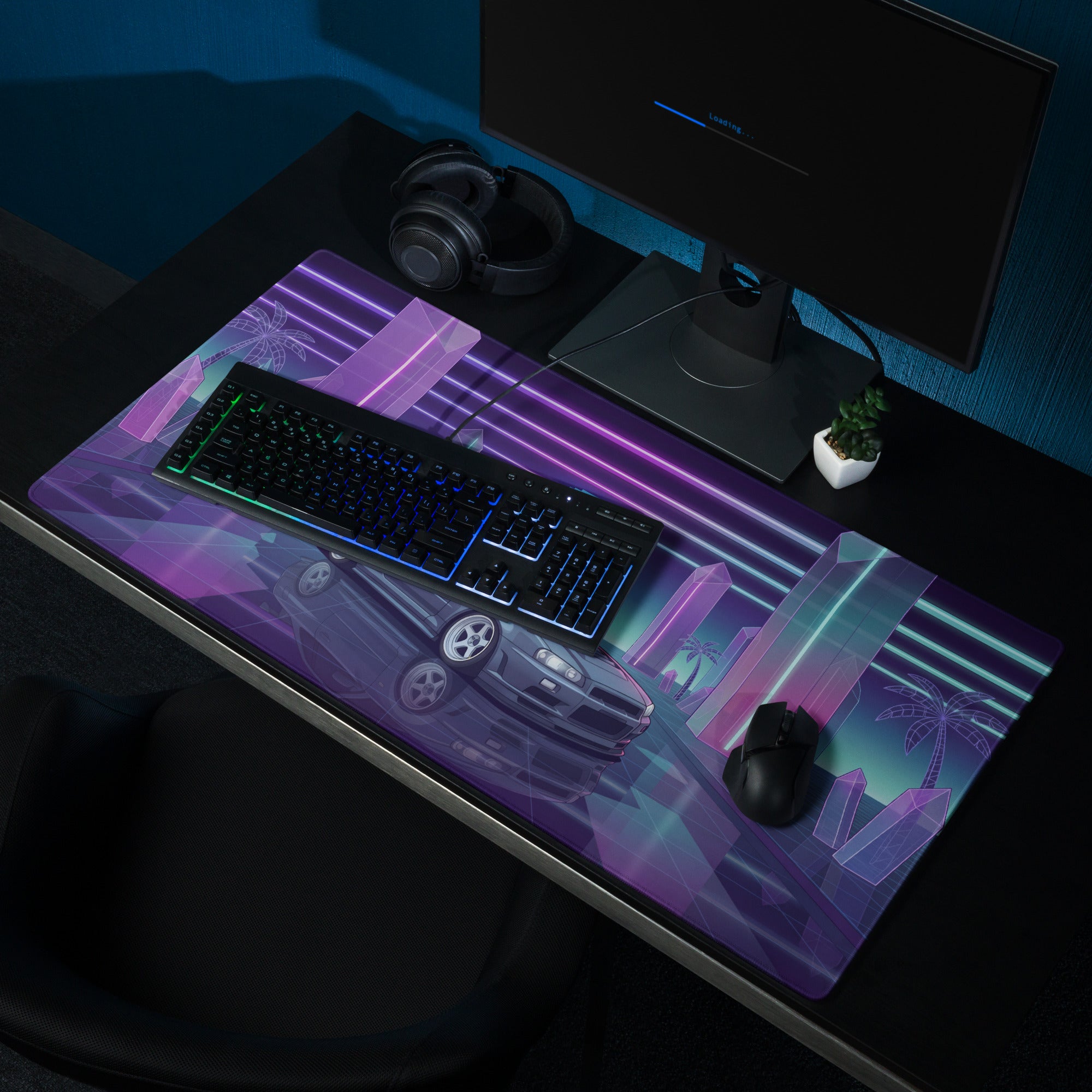 Nissan Skyline GT-R R34 Inspired Gray Purple Vaporwave Gaming Mouse Pad, Neon JDM Sports Car Desk Mat with Retro Futuristic Crystal City Artwork