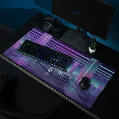 Nissan Skyline GT-R R34 Inspired Gray Purple Vaporwave Gaming Mouse Pad, Neon JDM Sports Car Desk Mat with Retro Futuristic Crystal City Artwork