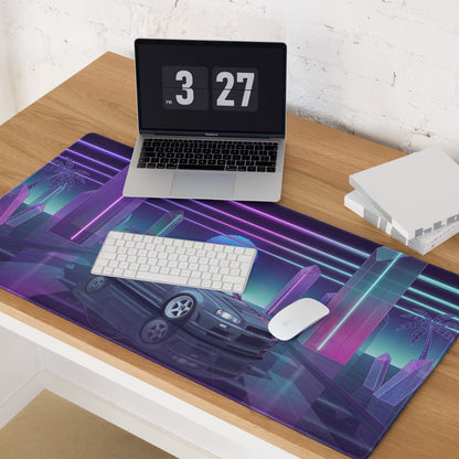 Nissan Skyline GT-R R34 Inspired Gray Purple Vaporwave Gaming Mouse Pad, Neon JDM Sports Car Desk Mat with Retro Futuristic Crystal City Artwork