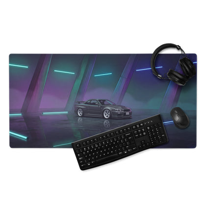 Nissan Skyline GT-R R34 Inspired Gray Blue Vaporwave Gaming Mouse Pad, Neon JDM Sports Car Desk Mat with Futuristic Reflective Garage Artwork