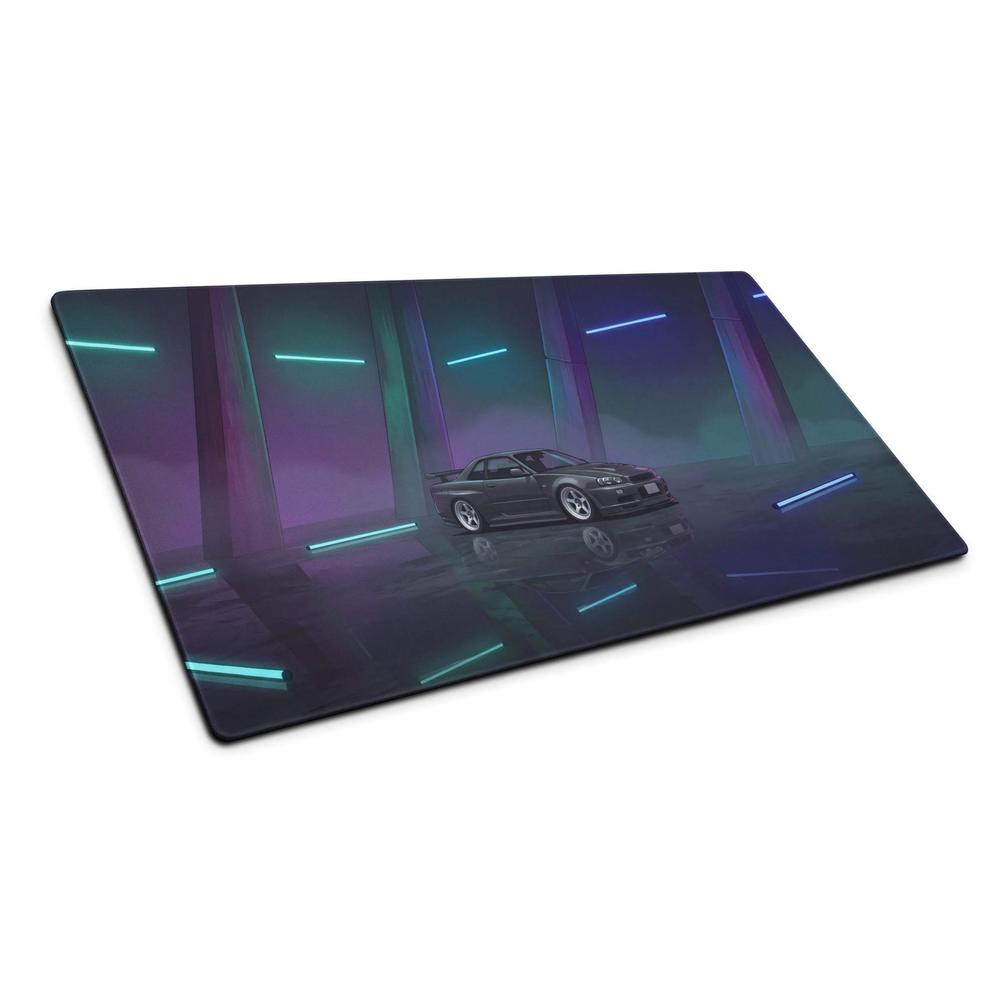 Nissan Skyline GT-R R34 Inspired Gray Blue Vaporwave Gaming Mouse Pad, Neon JDM Sports Car Desk Mat with Futuristic Reflective Garage Artwork