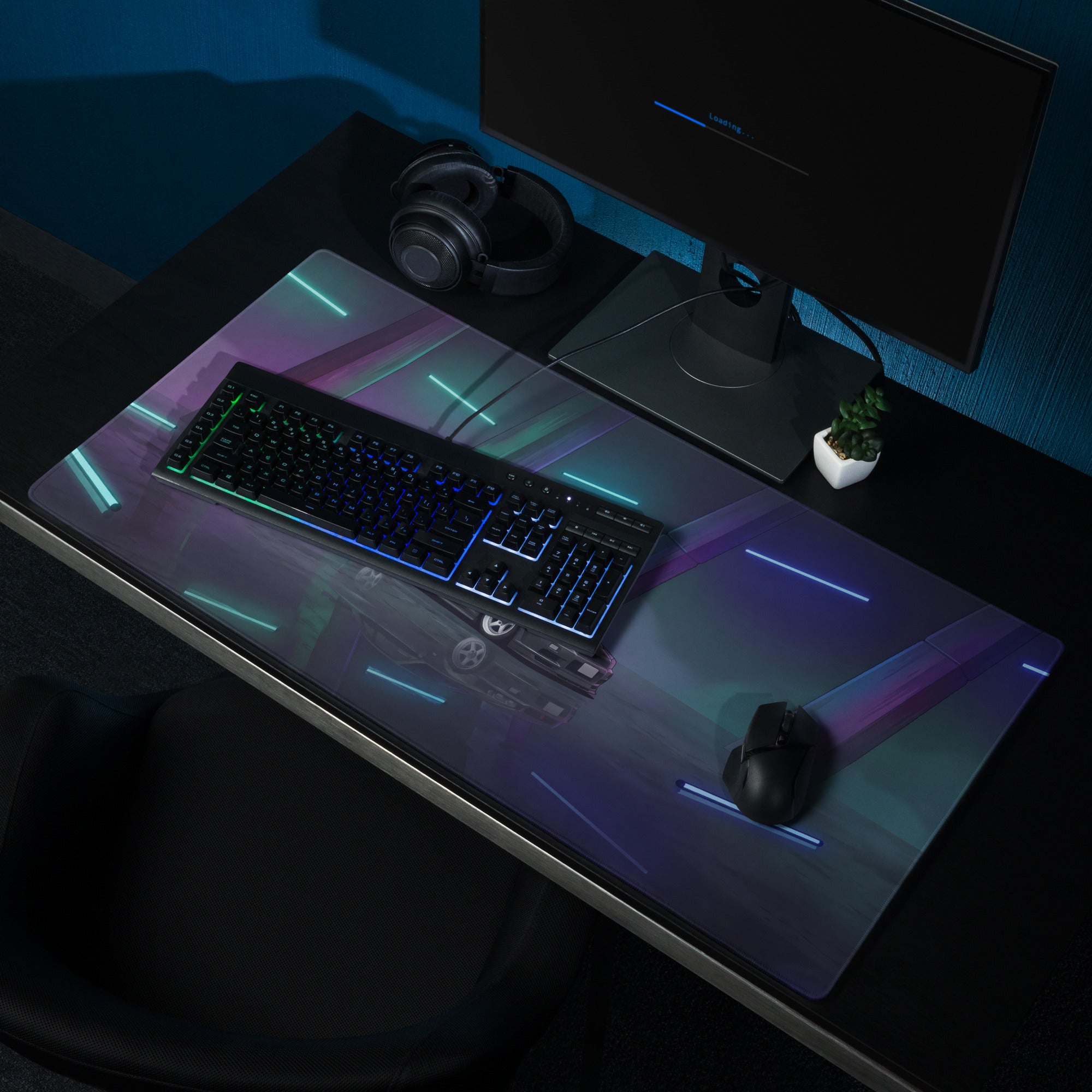 Nissan Skyline GT-R R34 Inspired Gray Blue Vaporwave Gaming Mouse Pad, Neon JDM Sports Car Desk Mat with Futuristic Reflective Garage Artwork