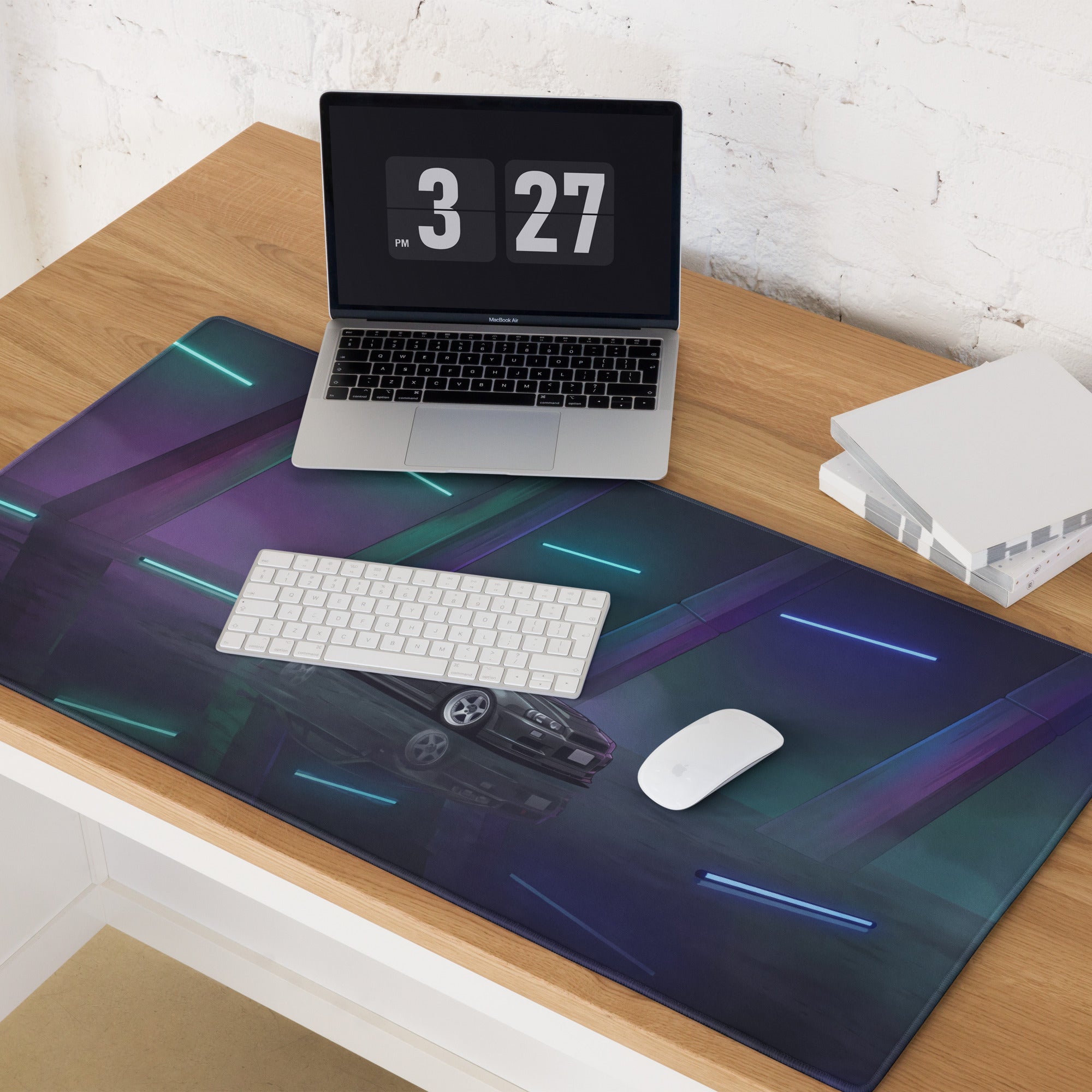 Nissan Skyline GT-R R34 Inspired Gray Blue Vaporwave Gaming Mouse Pad, Neon JDM Sports Car Desk Mat with Futuristic Reflective Garage Artwork
