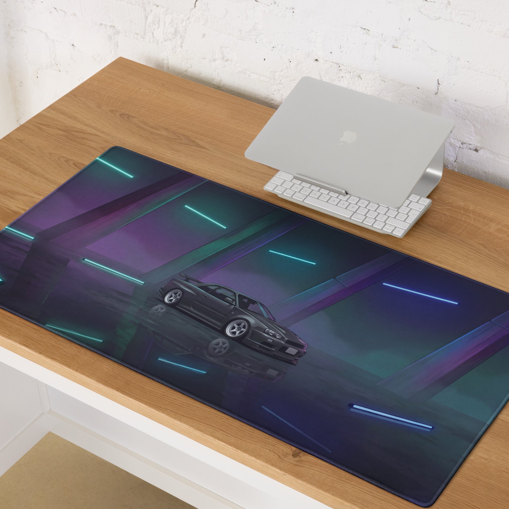 Nissan Skyline GT-R R34 Inspired Gray Blue Vaporwave Gaming Mouse Pad, Neon JDM Sports Car Desk Mat with Futuristic Reflective Garage Artwork