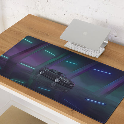 Nissan Skyline GT-R R34 Inspired Gray Blue Vaporwave Gaming Mouse Pad, Neon JDM Sports Car Desk Mat with Futuristic Reflective Garage Artwork