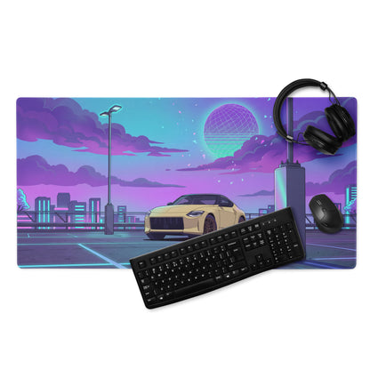 Nissan Z RZ34 Inspired Yellow Purple Vaporwave Gaming Mouse Pad, Neon JDM Sports Car Desk Mat with Retro Futuristic Rooftop City Artwork