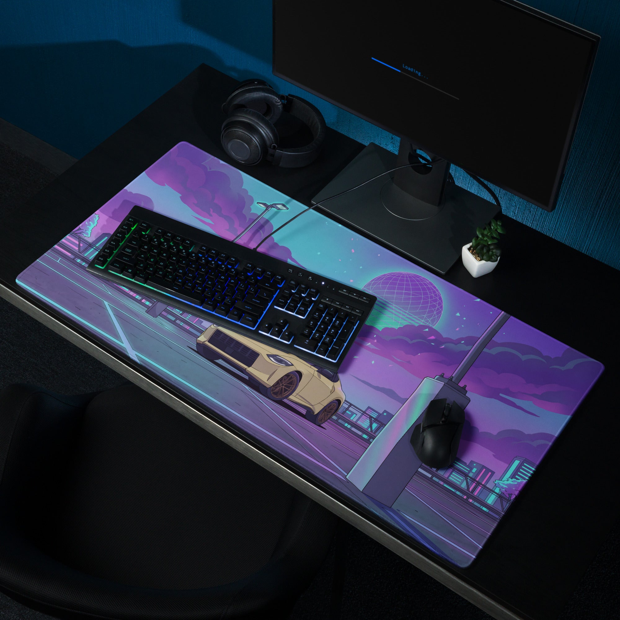 Nissan Z RZ34 Inspired Yellow Purple Vaporwave Gaming Mouse Pad, Neon JDM Sports Car Desk Mat with Retro Futuristic Rooftop City Artwork