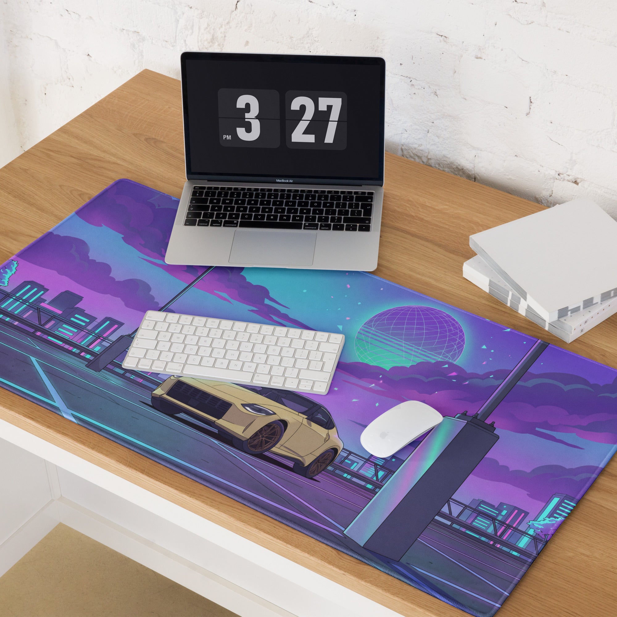 Nissan Z RZ34 Inspired Yellow Purple Vaporwave Gaming Mouse Pad, Neon JDM Sports Car Desk Mat with Retro Futuristic Rooftop City Artwork