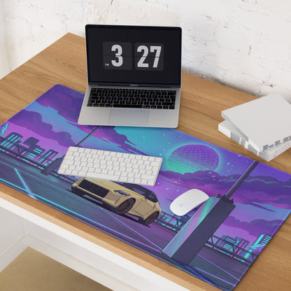 Nissan Z RZ34 Inspired Yellow Purple Vaporwave Gaming Mouse Pad, Neon JDM Sports Car Desk Mat with Retro Futuristic Rooftop City Artwork