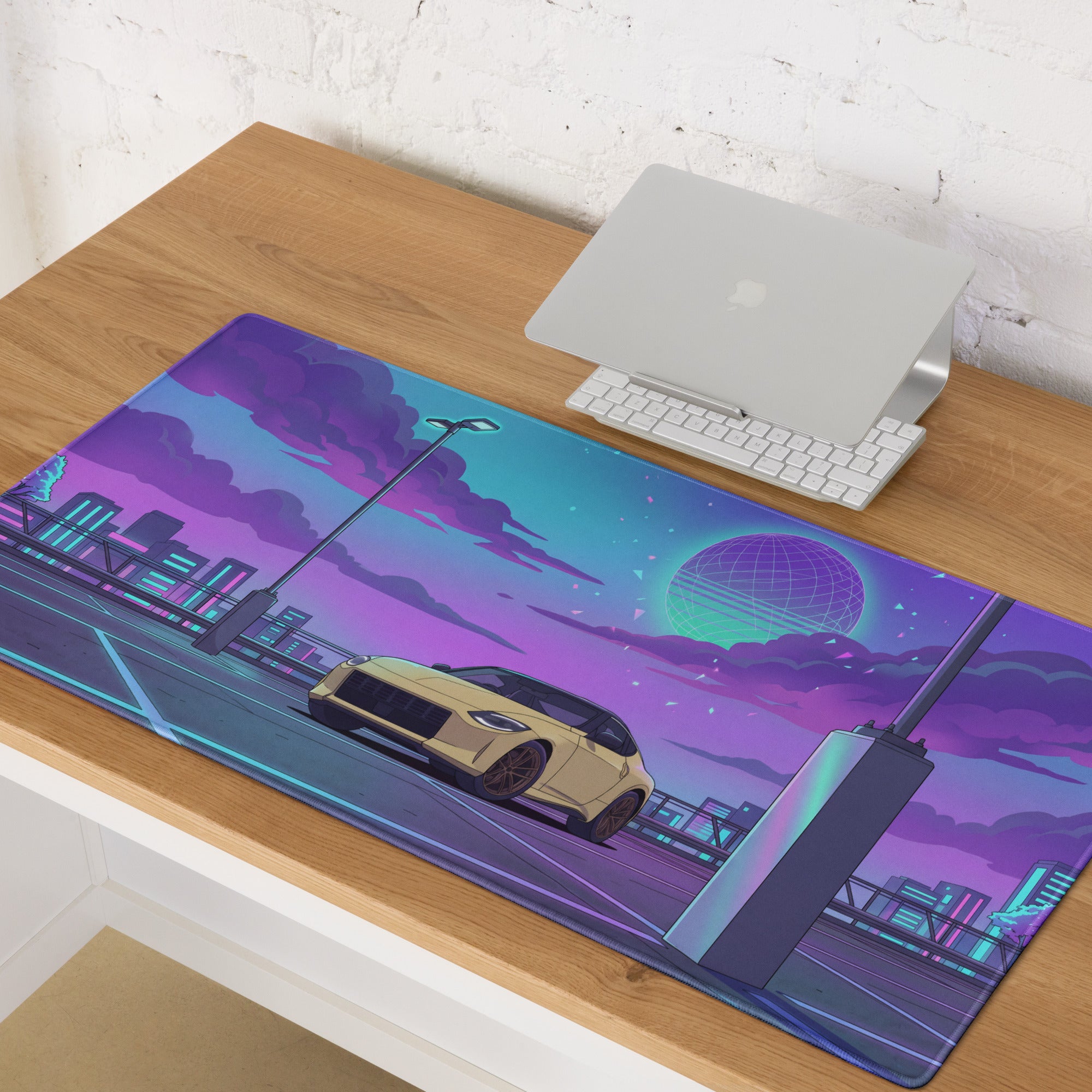 Nissan Z RZ34 Inspired Yellow Purple Vaporwave Gaming Mouse Pad, Neon JDM Sports Car Desk Mat with Retro Futuristic Rooftop City Artwork