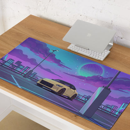 Nissan Z RZ34 Inspired Yellow Purple Vaporwave Gaming Mouse Pad, Neon JDM Sports Car Desk Mat with Retro Futuristic Rooftop City Artwork