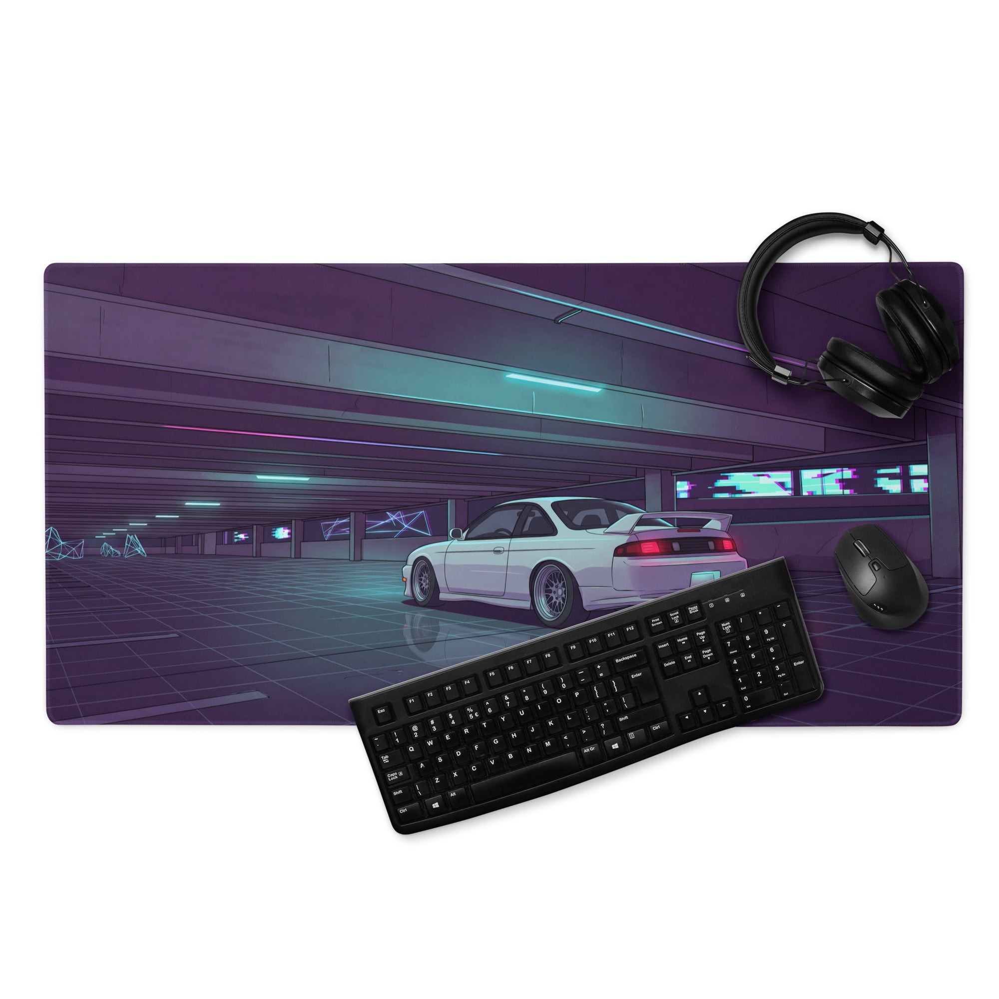 Nissan Silvia S14 Inspired White Purple Vaporwave Gaming Mouse Pad, Neon JDM Drift Car Desk Mat with Retro Futuristic Parking Garage Artwork
