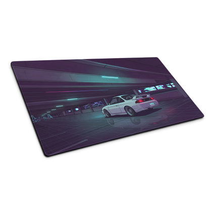 Nissan Silvia S14 Inspired White Purple Vaporwave Gaming Mouse Pad, Neon JDM Drift Car Desk Mat with Retro Futuristic Parking Garage Artwork