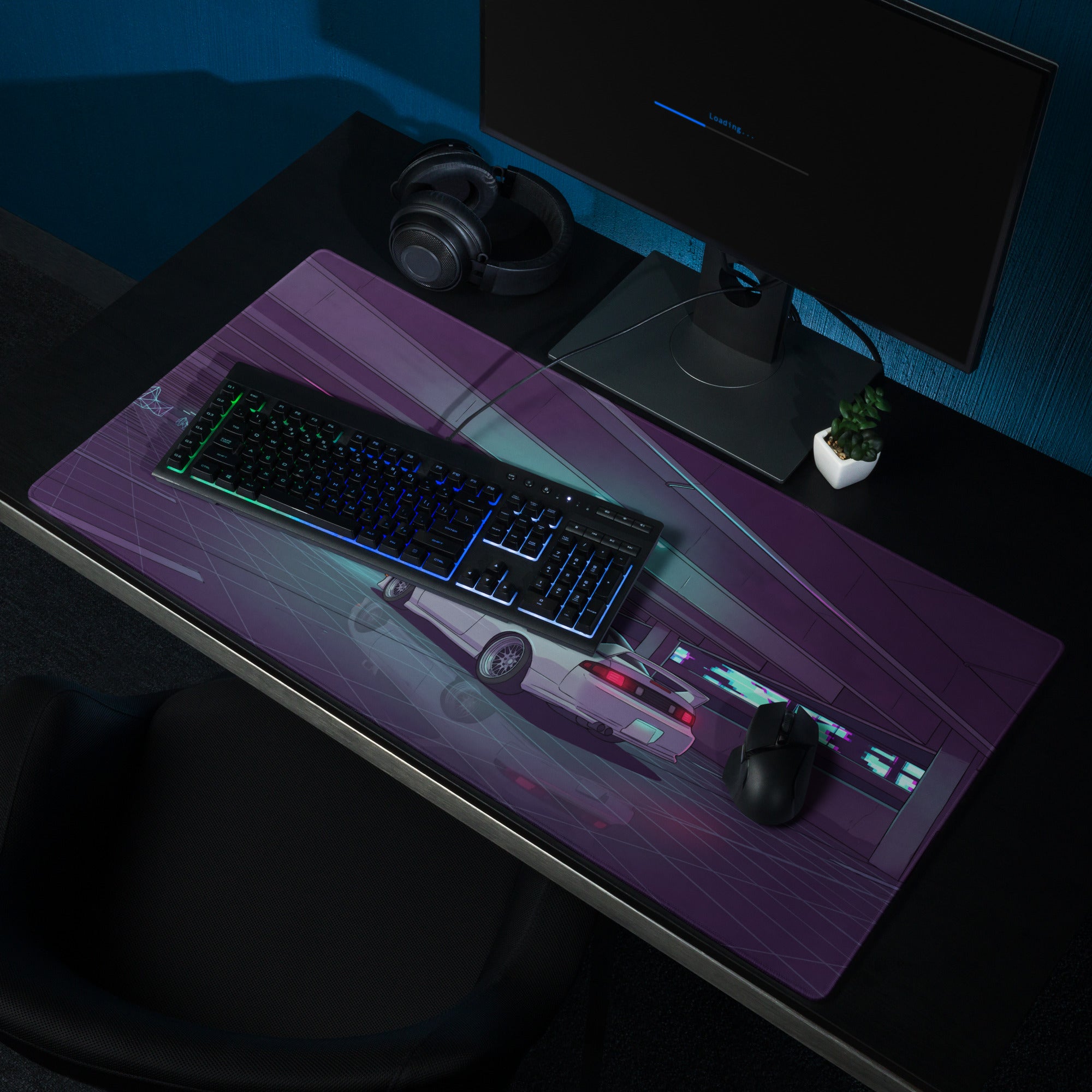 Nissan Silvia S14 Inspired White Purple Vaporwave Gaming Mouse Pad, Neon JDM Drift Car Desk Mat with Retro Futuristic Parking Garage Artwork