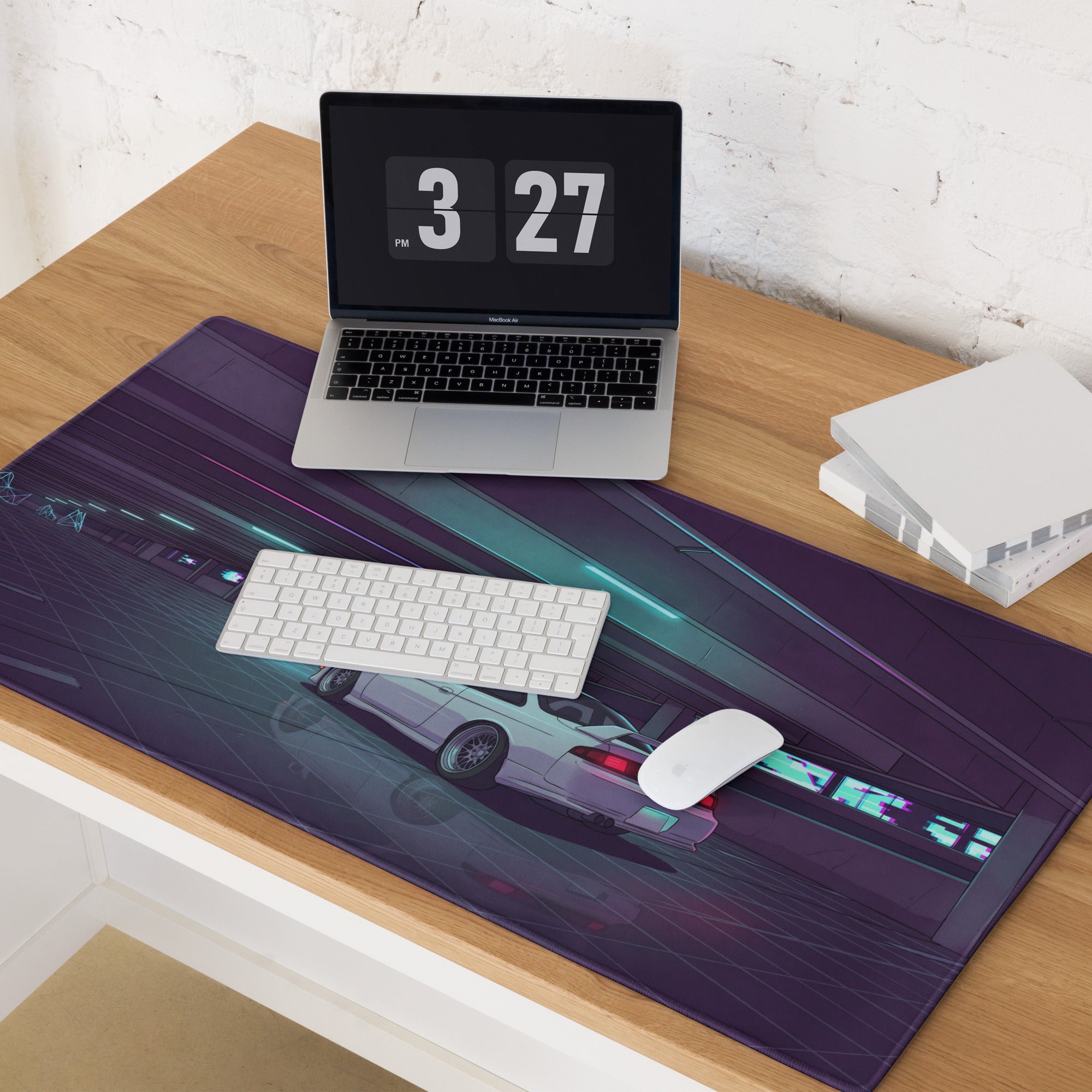 Nissan Silvia S14 Inspired White Purple Vaporwave Gaming Mouse Pad, Neon JDM Drift Car Desk Mat with Retro Futuristic Parking Garage Artwork