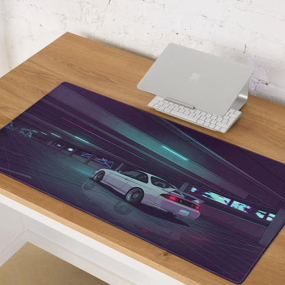 Nissan Silvia S14 Inspired White Purple Vaporwave Gaming Mouse Pad, Neon JDM Drift Car Desk Mat with Retro Futuristic Parking Garage Artwork
