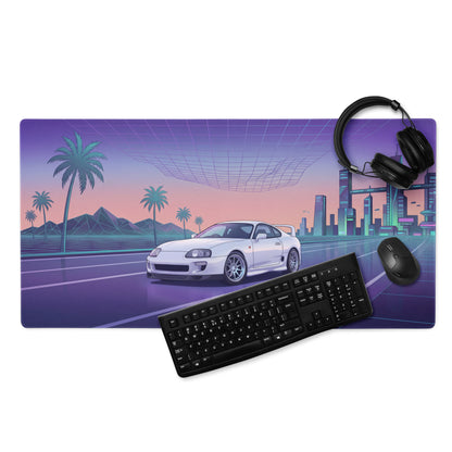 Toyota Supra MK4 A80 Inspired White Purple Vaporwave Gaming Mouse Pad, Neon JDM Sports Car Desk Mat with Retro Futuristic City Road Artwork
